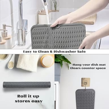 ZLR Silicone Dish Drying Mat for Kitchen Counter, Eco-Friendly Fast Dry Dish Mat, Easy Clean Multi Usage Drying Matt, Heat Resistant Trivet, 12" x 16" Large, Dark Gray - Image 4