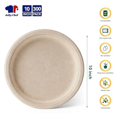JOLLY CHEF Compostable Heavy Duty Plates 𝟭𝟬 𝗜𝗻𝗰𝗵 [𝟯𝟬𝟬 𝗣𝗮𝗰𝗸] Eco-Friendly Disposable Paper Plates Made of Bagasse Biodegradable Bulk for Party Dinner Sugarcane Fibers Round (Natural) - Image 2