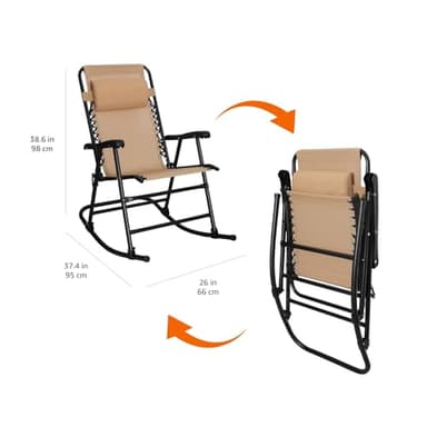 Amazon Basics Outdoor Patio Folding Reclining Lounge Rocking Chair with Pillow, Affordable Folding Chairs for Outside, Beige, 33.6 x 37.4 x 26 inch - Image 3