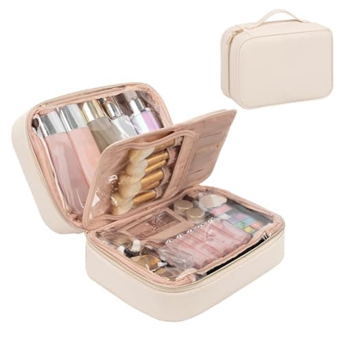 OCHEAL Makeup Bag, Make up Travel Bag Large Capacity Waterproof Cosmetic Organizer Bag with Makeup Brush Compartment & Handle for Women Girls Travel Toiletry Accessories-Beige - Image 1