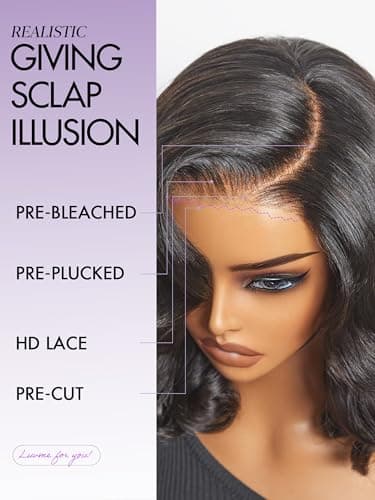 LUVME HAIR 100% Human Hair Wigs Loose Wave Glueless Lace Front 12 Inches, Pre Cut Plucked Hd Lace Short Wig Ready To Go Natural Color Straight Bleached Knots Side Part Black Wigs - Image 8