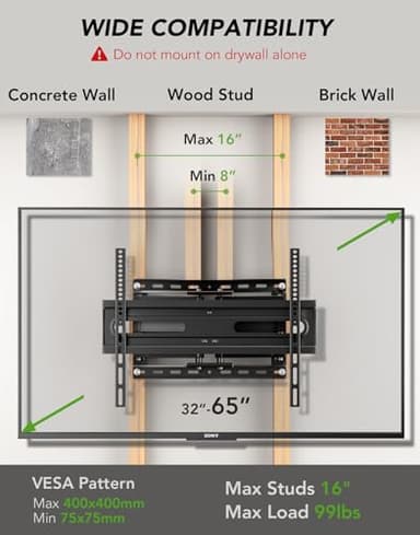 AX WABER TV Wall Mount Bracket for 32-65 Inch TV Full Motion Dual Articulating Arm with Swivel & Tilt, Max VESA 400x400mm，Fits 8” 12” 16" Studs, Supports 99 lbs for Flat & Curved Screens AX02MB01﻿ - Image 2