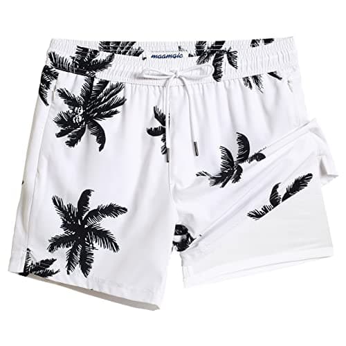 maamgic Mens Swim Trunks with Compression Liner 5" Stretch Beach Shorts Quick Dry with Zipper Pockets No-Chafing Board Shorts White-Palm Tree S - Image 1
