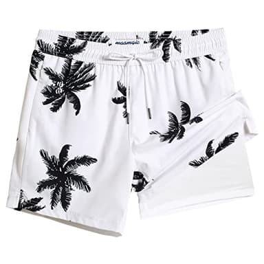 maamgic Mens Swim Trunks with Compression Liner 5" Stretch Beach Shorts Quick Dry with Zipper Pockets No-Chafing Board Shorts White-Palm Tree S - Image 1