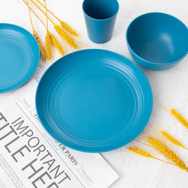 LIYH 48 Pcs Blue Wheat Straw Dinnerware, Plates and Bowls Set, Camping Dish Set for 12, Plastic Dinnerware Set, Dishwasher Safe Dinnerware Set, Unbreakable Plastic, Camper Dish Sets - Image 5