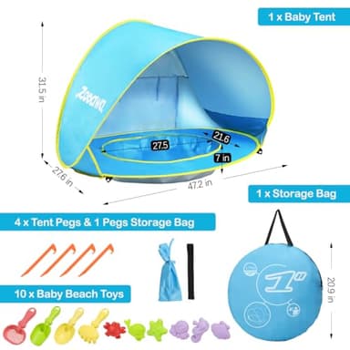 Zooawa Baby Beach Tent, Pop Up Beach Tent Sun Shade for Beach, Portable Shade Pool UV Protection Sun Shelter for Infant with Beach Sand Toys Set, No Pattern, Blue - Image 8