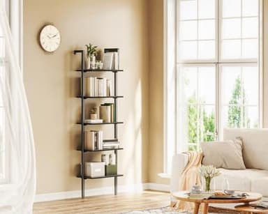 ODK 5-Tier Ladder Bookcase, Industrial Storage Shelf with Metal Frame for Living Room, Home Office, Kitchen & Bedroom, Space Saving Freestanding Organizer Rack, Black (8" D x 16" W x 74" H) - Image 2