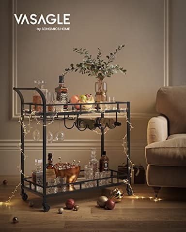 VASAGLE Bar Cart Black, Home Bar Serving Cart, Wine Cart with 2 Mirrored Shelves, Wine Holders, Glass Holders, for Kitchen, Dining Room, Black ULRC090B62 - Image 2