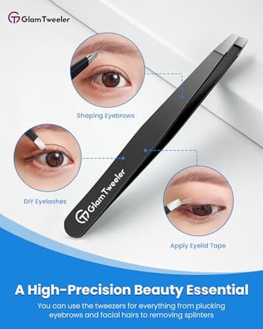 Expert Slant Tip Tweezers with Leather Case, GlamTweeler Sharp & Precision Stainless Steel Tweezer for Eyebrows, Facial Hair and Fine Hairs Removal (Black) - Image 5