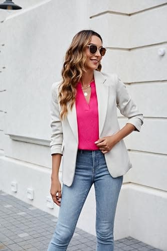 Blooming Jelly Womens Dressy Casual Tops Ruffle Short Sleeve V Neck Shirts Elegant Business Work Blouse(M, Hot Pink) - Image 4