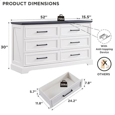 ACCOHOHO Farmhouse 6 Drawer Dresser for Bedroom, 52 Inch Wide Modern Dresser TV Stand with Large Drawers & Bar Handles, Rustic Wood Chest of Drawers for Bedroom, Living Room, Hallway, Off White - Image 2