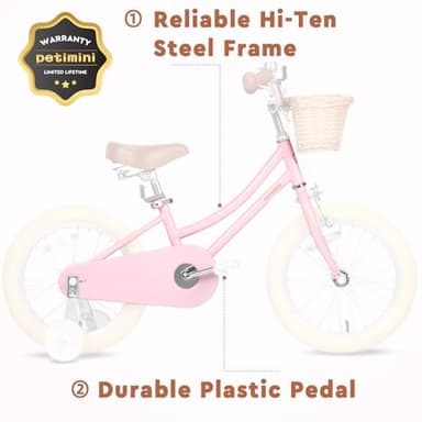 Petimini 16 Inch Little Kids Bike for Age 4 5 6 7 Years Old Girls Retro Vintage Style Bicycles with Basket Training Wheels and Bell, Pink - Image 5