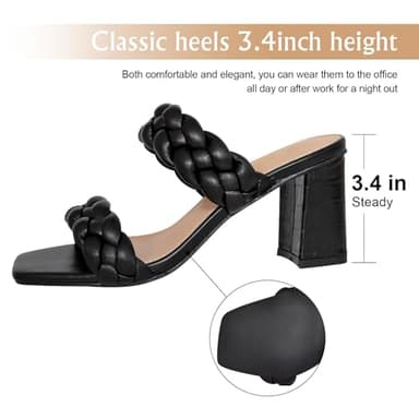 Athlefit Women's Braided Heeled Sandals Summer Square Open Toe Slip on Block Black Heels Size 9 - Image 3