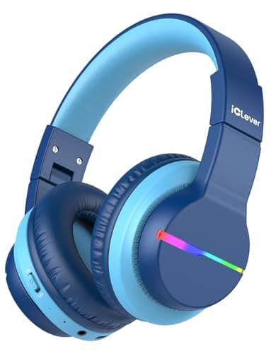 iClever BTH12 Kids Bluetooth Headphones,Colorful LED Lights Kids Headphones Wireless,74/85dBA Safe Volume,85H Playtime,Fast Charging,Bluetooth 5.2,Over Ear,Built-in Mic for iPad/Tablet/Airplane,Blue - Image 1