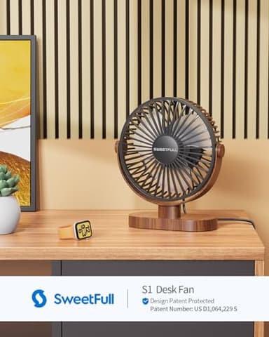 SWEETFULL 6.5 Inch USB Small Desk Fan, 3 Speeds Quiet Portable Desktop Table Fan, 360° Adjustment Personal Mini Fan for Home Office Car Outdoor Travel (Black wood grain) - Image 2