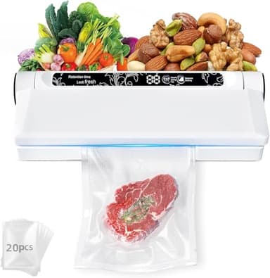 Food Storage Vacuum Sealer Machine, 75KPA Strong Suction, Dry/Wet Modes, 20 Vacuum Seal Bags for Food, Digital Countdown Timer, Compact Lightweight, Ideal for Home Kitchen Use - Image 1