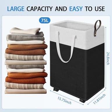 HomeHacks 75L Rolling Laundry Basket with Wheels, Collapsible & Waterproof Laundry Hamper, Mobile Clothes Hamper, Storage Laundry Bins with Handles for Laundry Room, Bedroom, Bathroom & Dorm, Black - Image 2