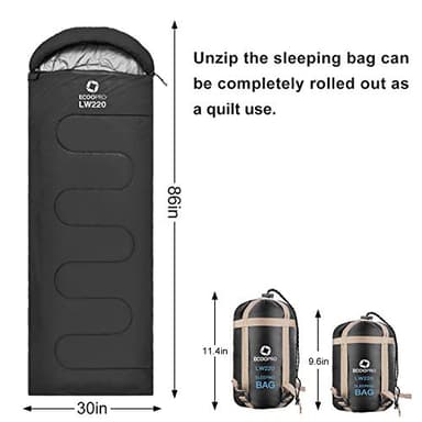 ECOOPRO Warm Weather Sleeping Bag - Portable, Waterproof, Compact Lightweight, Comfort with Compression Sack - Great for Outdoor Camping, Backpacking & Hiking-83 L x 30" W Fits Adults (B-Black) - Image 2