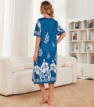 House Dresses for Women Short Sleeve with Pockets Floral Print Mumu Nightgown Lounge Dress - Image 7
