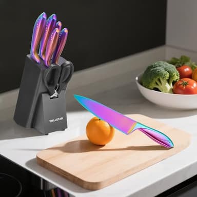 WELLSTAR Rainbow Knife Set 8 Pieces, Iridescent German Stainless Steel Kitchen Knives Set with Wooden Block, Colorful Titanium Coating, Chef’s Knife Block Set with Scissors and Built-in Sharpener - Image 7