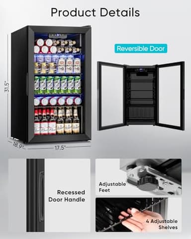 Feelfunn Beverage Refrigerator and Cooler - 126 Can Mini Fridge Glass Door for Soda Beer Wine - Freestanding Beverage Fridge for Bedroom Office Bar, 4 Adjustable Shelves, 3.2 Cu.Ft, Black - Image 7