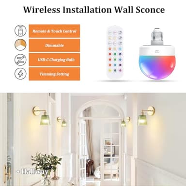 Shenmoyl Vintage Battery Operated Wall Sconce with Green Stripe Glass Lampshade Rechargeable Battery Powered Wall Light with Remote Control for Bedside Bedroom Doorway, Set of 2 - Image 5