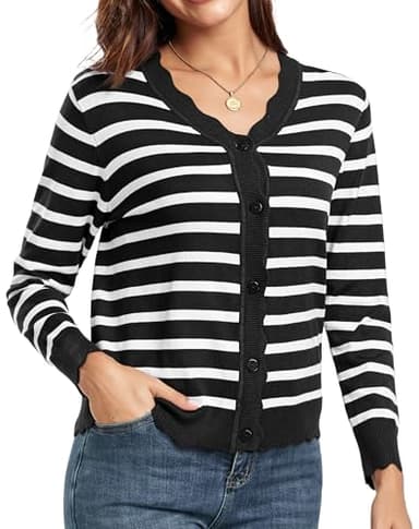 GRECERELLE Women's Long Sleeve Button Down Cardigan V-Neck Fall Shrug Sweaters,Black White Striped, Medium - Image 3