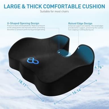 BlissTrends Seat Cushion,Thick Memory Foam Cushions for Office Chair, Car Seat, Airplane, Relieving Pressure Tailbone Sciatica Back Pain for Long Sitting Office Workers, Car Drivers 4.7in Thick Black - Image 2