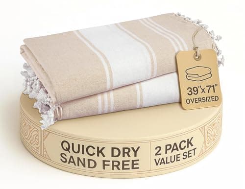 LANE LINEN Oversized Beach Towels, 2 Pack Turkish Towel Set for Adults, Lightweight, Quick Dry, Absorbent & Sand Proof, 39"x71" Pool Towels – Beige - Image 1