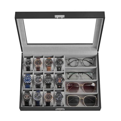 SONGMICS 16-Slot Watch Box, Lockable Storage Case With Glass Lid, Gift Idea, Ink Black Synthetic Leather, Dove Gray Lining UJWB112G01 - Image 1