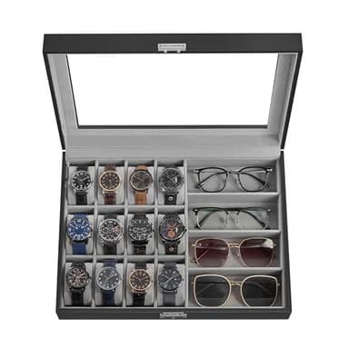 SONGMICS 16-Slot Watch Box, Lockable Storage Case With Glass Lid, Gift Idea, Ink Black Synthetic Leather, Dove Gray Lining UJWB112G01 - Image 1
