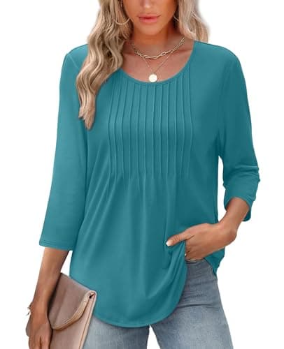 XIEERDUO Summer Tops for Women 2025 3/4 Length Sleeve Pleated Business Work Casual Blouse Fall Fashion Clothing Outfits Beach Vacation Clothes A-Turquoise XL - Image 1