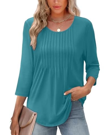 XIEERDUO Summer Tops for Women 2025 3/4 Length Sleeve Pleated Business Work Casual Blouse Fall Fashion Clothing Outfits Beach Vacation Clothes A-Turquoise XL - Image 1