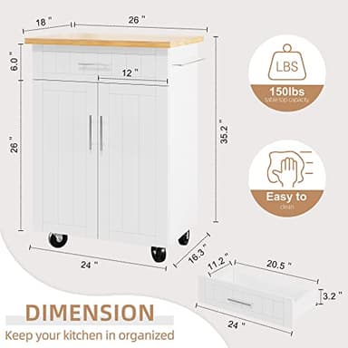 Shintenchi Kitchen Island Cart with Storage,Rolling Side Table on Wheels with Large Worktop, Cabinet,Towel Rack and Drawers for Kitchen,Dinning Room, White - Image 5