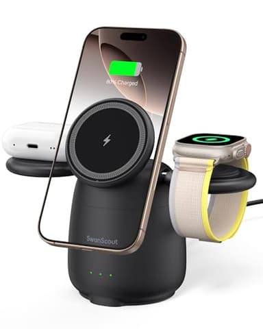 SwanScout Charging Station for MagSafe Charger, 3 in 1 Wireless Charger for iPhone 17/16/15/14/13/12 Series, for Apple Watch Ultra 3/11/10/9/8/7, SwanScout 707M (No Adapter) - Image 1