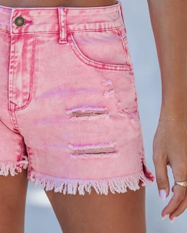 Luvamia Women's Casual Mid Rise Denim Shorts Stretch Ripped Raw Hem Jean Shorts with Fringe Size Large Hot Pink - Image 4