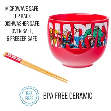 Silver Buffalo Marvel Comics Avengers Retro Featuring Iron Man, Thor, Captain America, Black Widow, Hulk, and Spider-Man Ceramic Ramen Noodle Rice Bowl with Chopsticks, Microwave Safe, 20 Ounces - Image 4