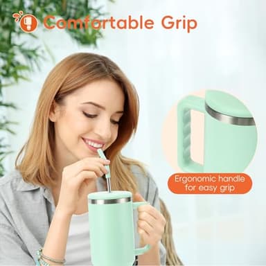 VUSIGN 40 oz Tumbler with Handle and Straw Lid, Stainless Steel Vacuum Insulated Tumbler Travel Mug Water Bottle Cup for Water Iced Tea Coffee Smoothie Car, Light Green - Image 6