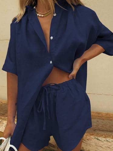 Fixmatti Linen Sets For Women 2 Piece Casual Short Sleeve Sweatsuit Outfit Shirt And High Waisted Shorts Set Navy XL - Image 6