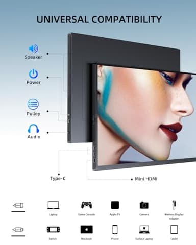 UPERFECT Portable Monitor 18.5 inch 120Hz 100% sRGB 1080P Portable Laptop Display w/Smart Cover, VESA & Speakers, Frameless IPS HDR Gaming Monitor USB-C HDMI Travel Second Monitor - Image 6