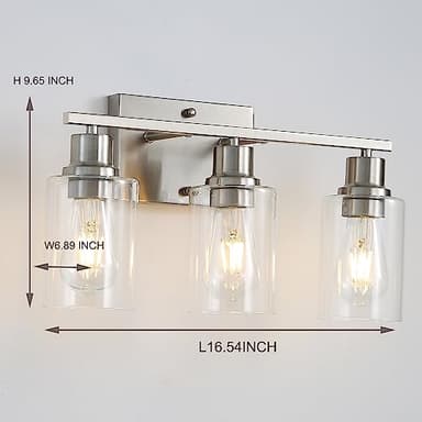 Jodauirt Brushed Nickel Wall Sconces,3-Lights Bathroom Vanity Light Fixtures with Clear Glass Shades, Farmhouse Modern Wall Lighting ​for Mirror,Bedroom,Living Room - Image 5
