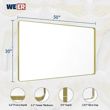 WEER Gold Bathroom Mirror, 50X30 Inch Brushed Gold Metal Frame Mirror, Rounded Rectangle Gold Bathroom Vanity Mirror for Wall, Tempered Glass, Anti-Rust, Hangs Horizontally or Vertically - Image 6