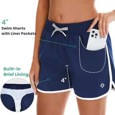 HODOSPORTS Women's 4" Swim Shorts with Liner Pockets Quick Dry Board Shorts Swimsuit Bottom Navy M - Image 2