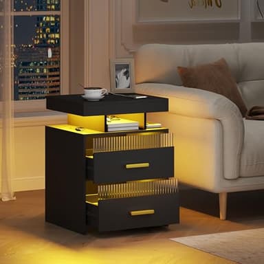 Nightstand with Charging Station and LED Lights, Night Stand with 2 Drawers, Wood Smart Bedside Table, Modern Bed Side Table for Bedroom, Black - Image 7