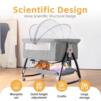venowu Bedside Crib, 3 in 1 Bassinet with Quick Height Adjustment and Mosquito Nets Rocking Bassinet for Baby, Bedside Bassinet with Wheels, Easy to Fold, Golden Triangle Structure（Grey） - Image 3