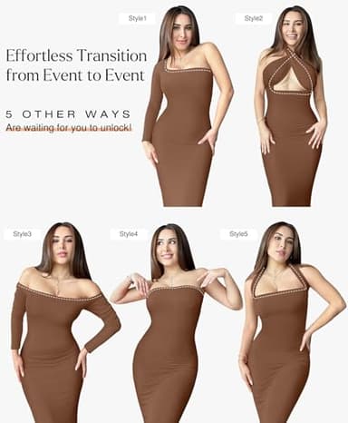 Popilush Long Sleeve Maxi Dress Bodycon Cocktail Dress Shapewear Tummy Control Fall Formal Dresses Built-in Bra Brown - Image 3