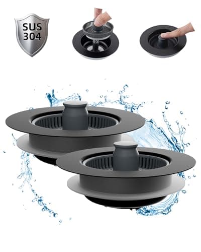 Hibbent 2 Pack 3 in 1 Kitchen Sink Drain Strainer and Stopper Combo, Stainless Steel Metal Pop Up Sink Stopper, Anti-Clogging Basket Strainer with Handle for US Standard 3-1/2 Inch Drain, Black - Image 1
