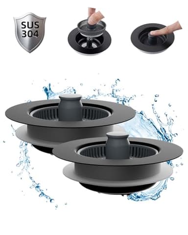 Hibbent 2 Pack 3 in 1 Kitchen Sink Drain Strainer and Stopper Combo, Stainless Steel Metal Pop Up Sink Stopper, Anti-Clogging Basket Strainer with Handle for US Standard 3-1/2 Inch Drain, Black - Image 1
