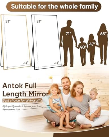 Antok Full Length Mirror, 81"x41" Floor Mirror, Floor Standing Freestanding Full Body Mirror with Stand for Bedroom, Hanging Mounted for Living Room Cloakroom, Black - Image 6