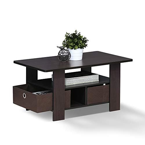 Furinno Andrey Coffee Table with Bin Drawer, Dark Walnut - Image 1